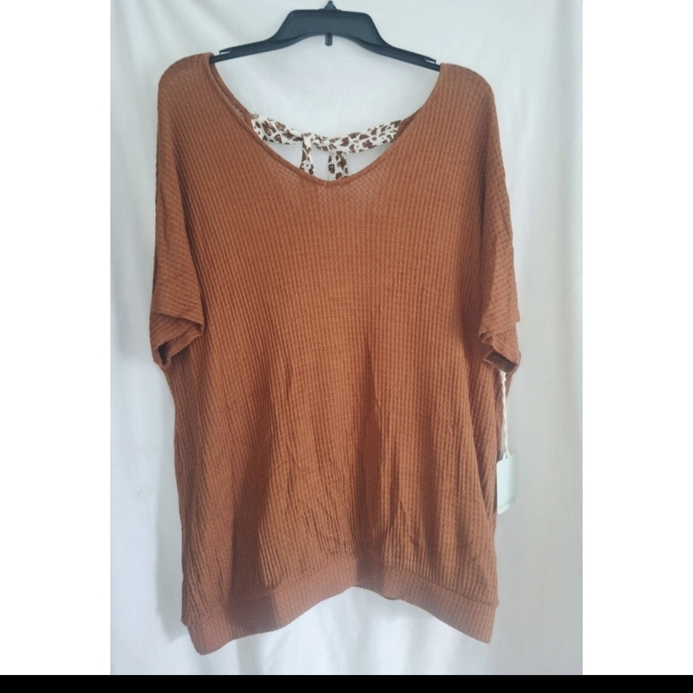 Dept 222 Moroccan Tide XL Rust Waffle Knit Short Sleeve Top Leopard Bow Back